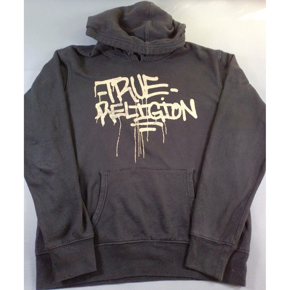 True Religion Mens XL Black Graffiti Logo Hoodie Pullover Streetwear Sweatshirt